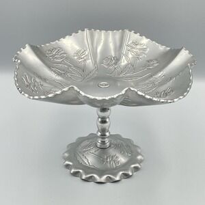 Vintage Aluminum Rose Compote Pedestal Candy Dish 7" Embossed Flowers MCM